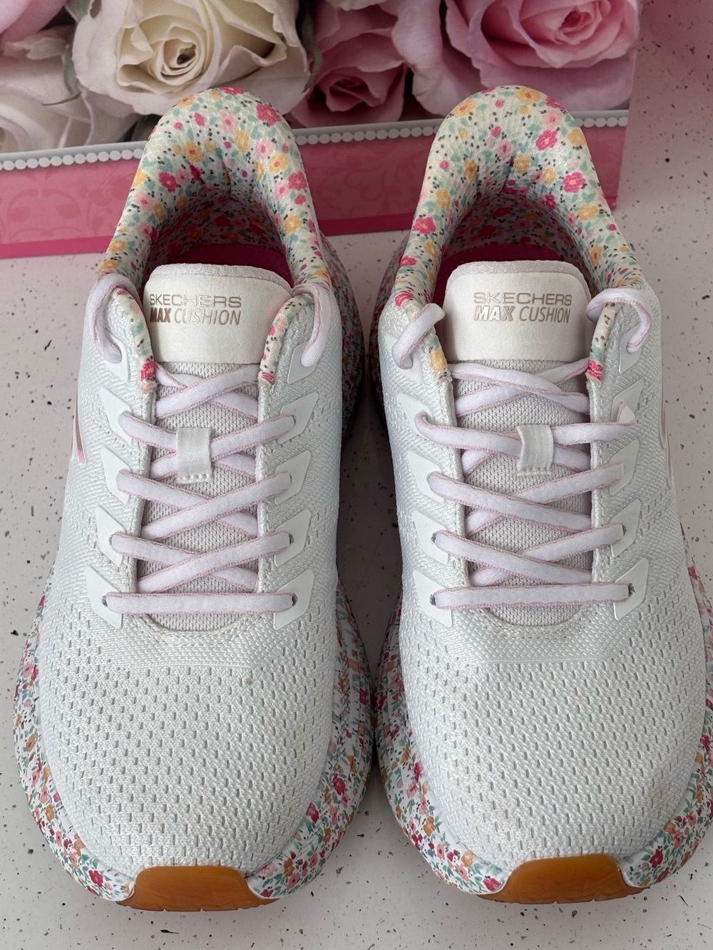 Skechers Women’s White Knit Sneakers with Pink Floral Midsole - Picture 3 of 8